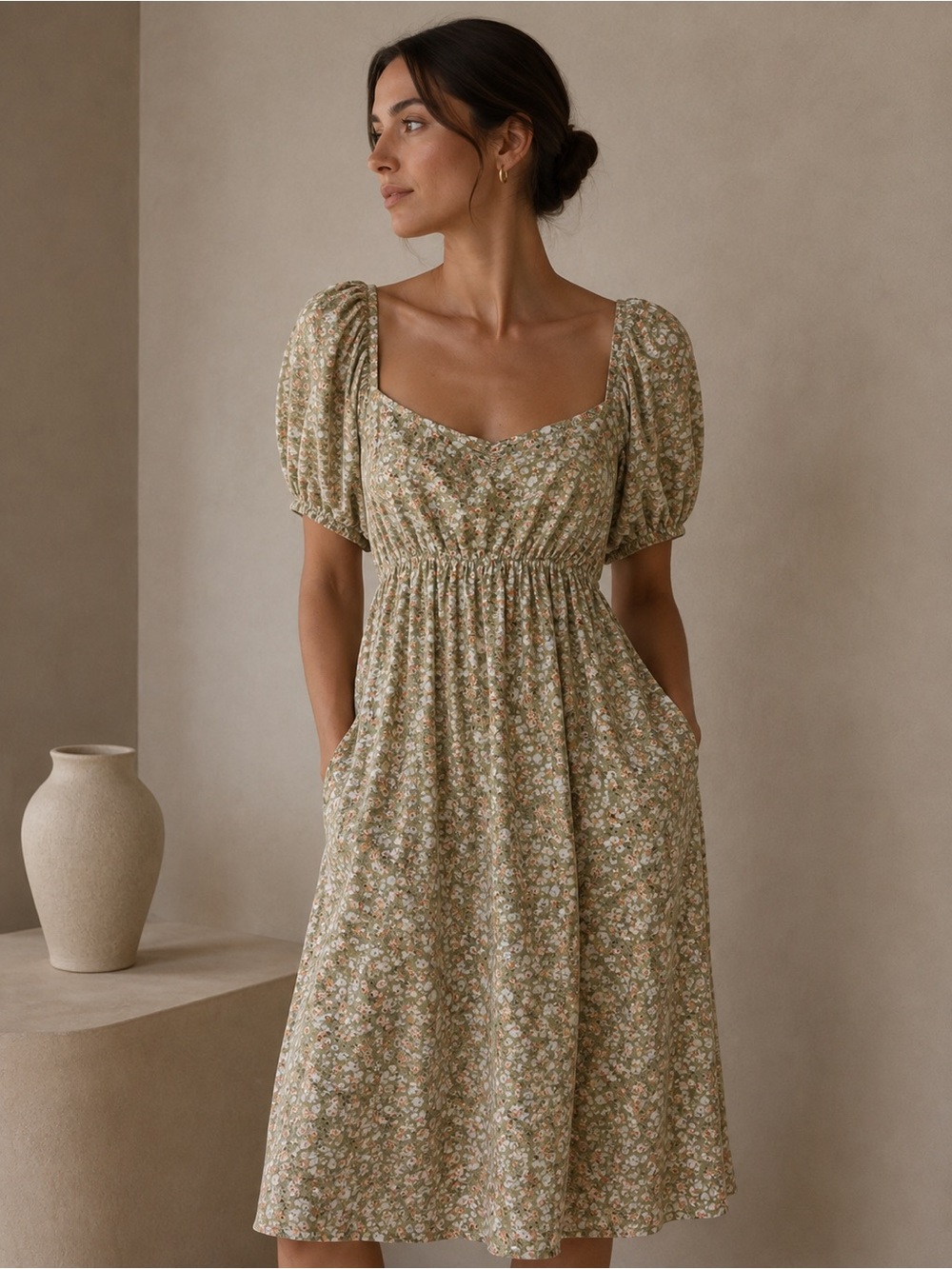 Smocked Waist Floral Midi Dress in Sage Medium